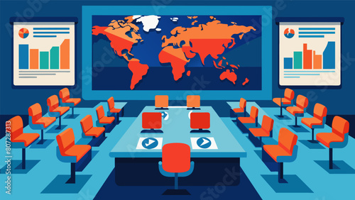 A conference room with large maps and models of different regions all marked with areas that would be most affected by various doomsday scenarios..