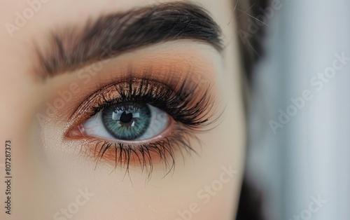 Close-up of a woman's eye with immaculate makeup and full lashes. photo