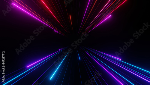 3d render, abstract futuristic speed technology neon light trail on dark background, colorful glowing light.