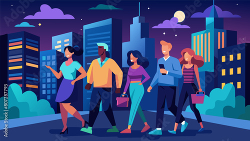 A group of friends walking through the city at night enjoying the vibrant city lights and making memories while staying healthy.. Vector illustration