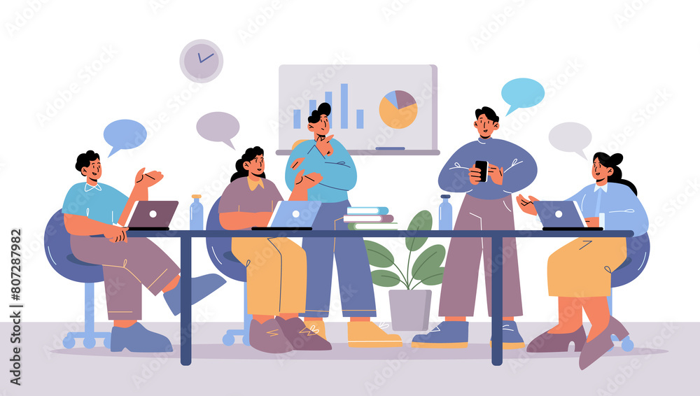 People on business meeting in office conference room Concept of teamwork communication in company brainstorming and discussion in team Vector flat illustration of people with speech bubbles
