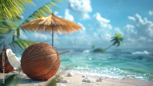 Two Coconuts on Beach With Umbrellas