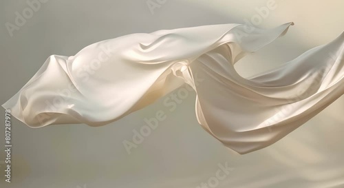 Graceful White Fabric Drifting Through the Air, Creating Gentle Shadows. Concept Minimalist Photoshoot, Ethereal Aesthetics, Delicate Textures photo