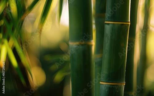 Close-up of vibrant green bamboo stalks in soft light.