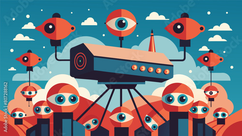 A float adorned with numerous surveillance cameras highlighting societys growing fear of constant surveillance..