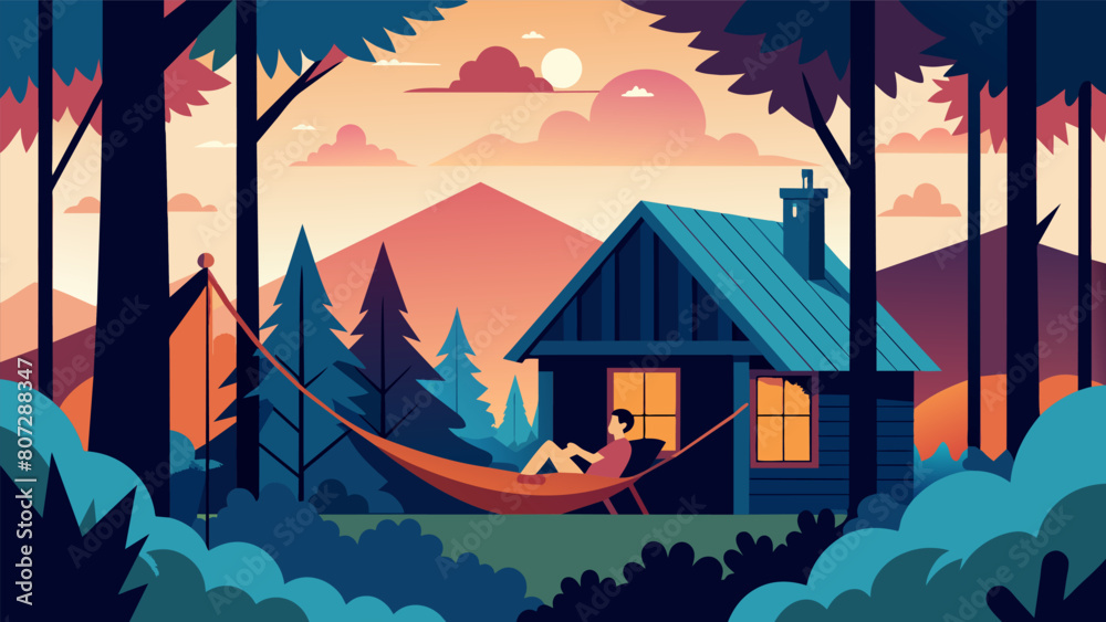 A rustic cabin nestled in the woods where a person can unwind in a hanging hammock with the sounds of nature as their background music.. A rustic cabin nestled in the woods where a person can unwind in a hanging hammock with the sounds of nature as their background music..