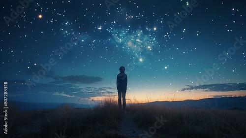 Man Standing on Hill Under Starry Night Sky © olegganko