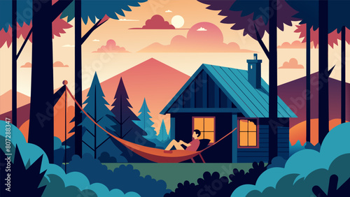 A rustic cabin nestled in the woods where a person can unwind in a hanging hammock with the sounds of nature as their background music..
