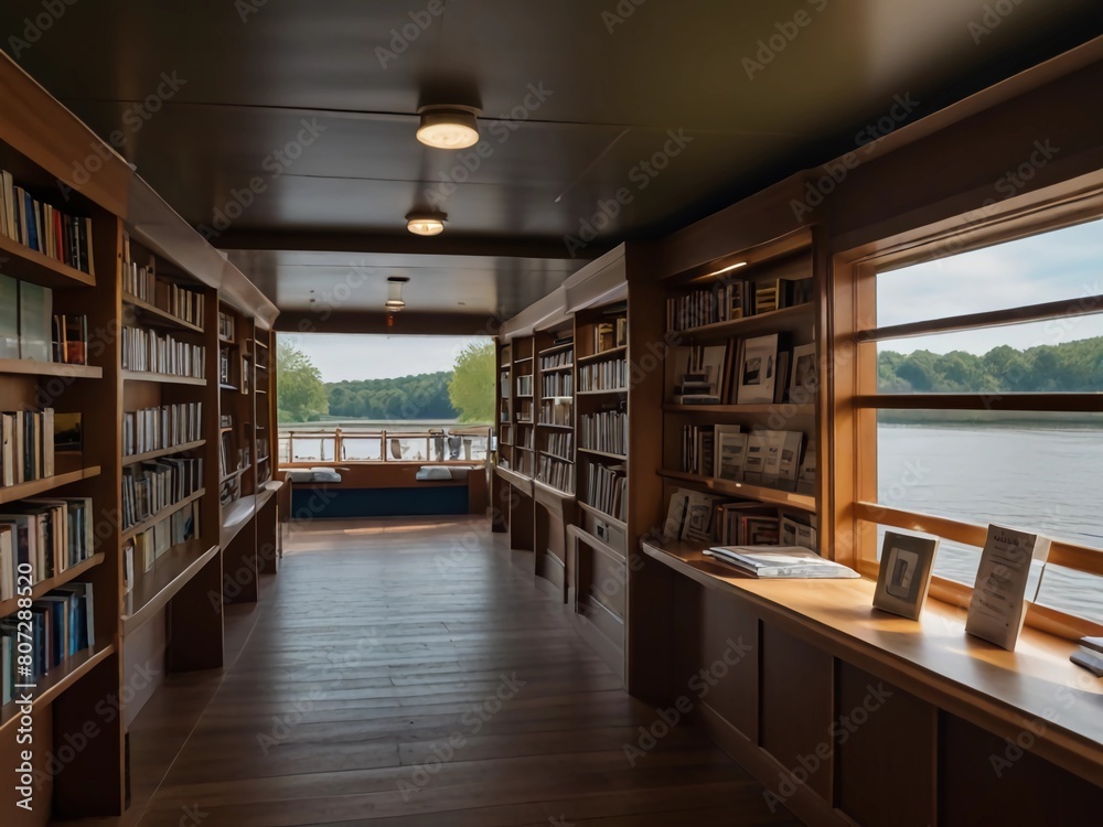 a bookstore on a riverboat, with shelves lining the walls and customers browsing as the boat glides down the river. a bookstore on a riverboat, with shelves lining the walls and customers browsing as the boat glides down the river.