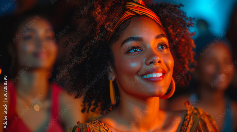 Portrait of smiling african american woman with dreadlocks at night club Portrait of smiling african american woman with dreadlocks at night club
