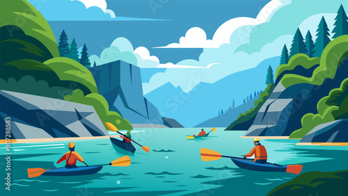 Set against a picturesque backdrop of rugged cliffs and lush forest kayakers competed in a thrilling open water race.. Vector illustration