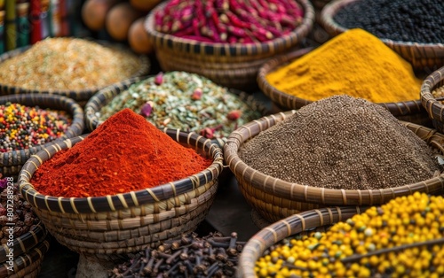 Colorful spice and herb market display with vibrant mounds and baskets.