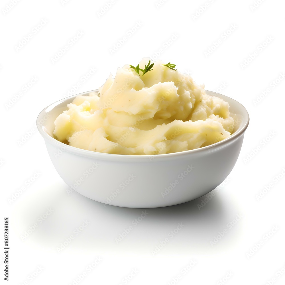 Creamy mashed potatoes garnished with parsley in a white bowl on white background Creamy mashed potatoes garnished with parsley in a white bowl on white background