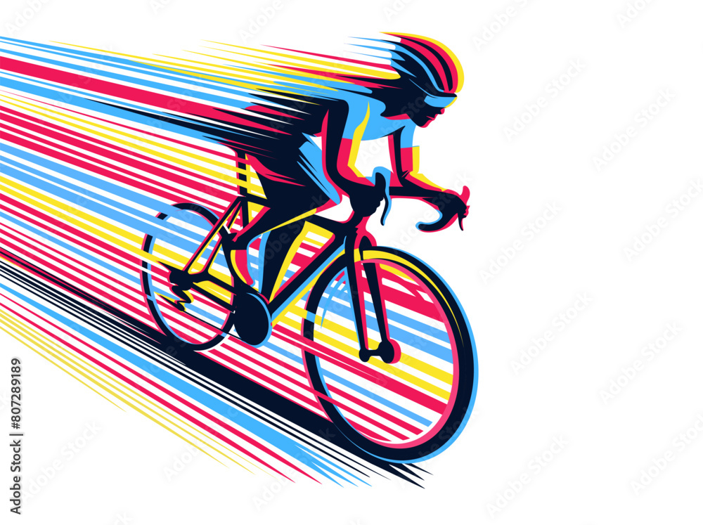 Fototapeta premium Cycling race competition poster design vector illustration. Cyclist acceleration with colorful motion trails.