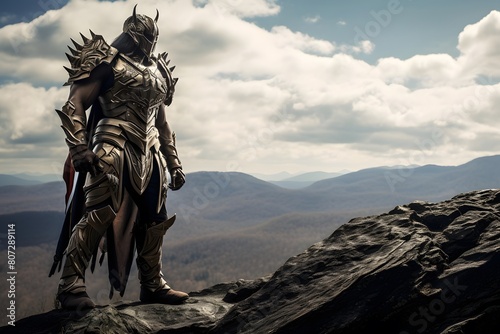 3d illustration of a fantasy knight on the top of a mountain