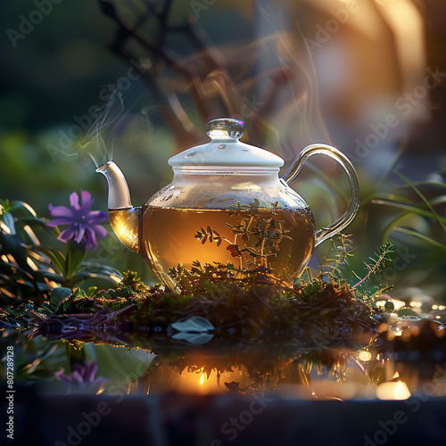 Herbal Tea Steeping in Glass Teapot Under Sunlight Tranquil Tea Time: Glass Teapot with Natural Herbs Sunlit Glass Teapot Infused with Fresh Herbs