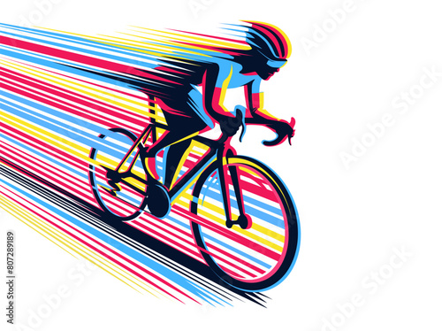 Cycling race competition poster design vector illustration. Cyclist acceleration with colorful motion trails.