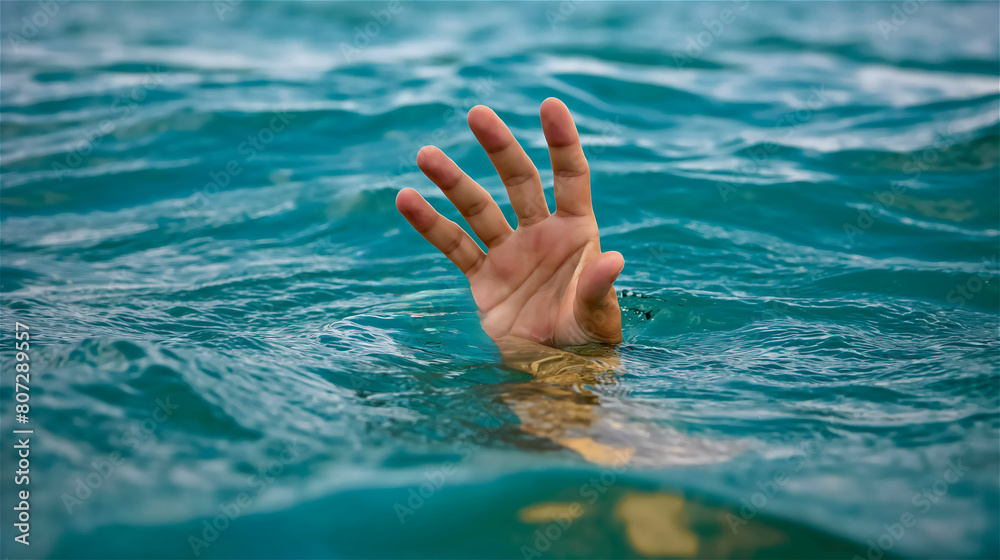 The hand of a drowning person sticking out above the water surface.