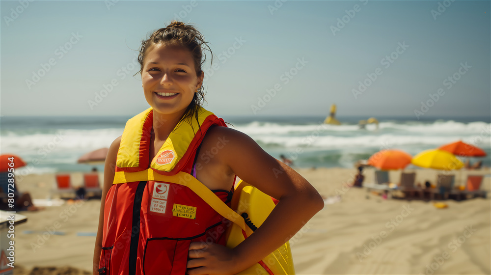 A smiling female lifeguard stands on the beach.