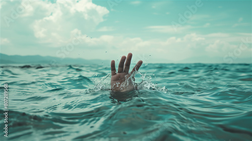 The hand of a drowning person sticking out above the water surface.