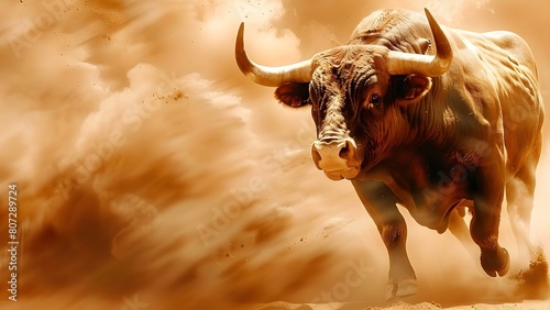 "Capturing the Strength of a Bull Charging through a Dusty Sunset". Concept Action Photography, Wildlife Portraits, Dramatic Lighting, Dynamic Movement, Nature Scenes