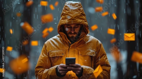 Man in Yellow Jacket Looking at Cell Phone
