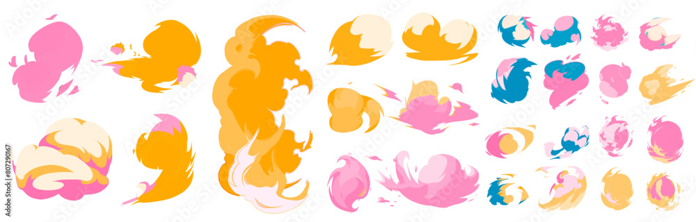 Obraz premium Big set of manga visual vector cartoon effects of smoke and dust clouds. Perfect for animation design, illustration, carton, anime, CG game art, tactical design, etc.