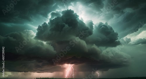 Approaching Storm: Dark Clouds, Thunder, Lightning, and Ominous Atmosphere. Concept Stormy Weather, Dark Sky, Lightning Strikes, Thunder, Dramatic Atmosphere photo