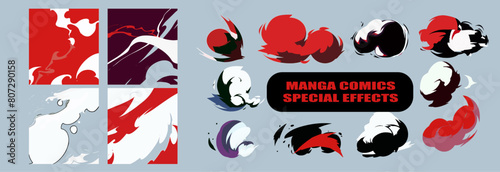 Big set of manga visual vector cartoon effects of smoke and dust clouds. Perfect for animation design, anime CG game art, tactical design, etc.