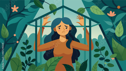 A woman ped in a greenhouse filled with misinformation vines unable to escape their poisonous influence..