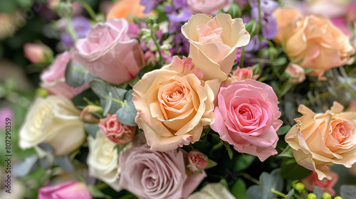 Assorted Pink and Peach Roses Bouquet in Lush Floral © Abdul