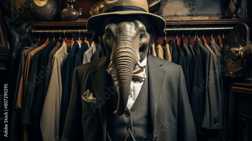 dignified elephant in a tailored three-piece suit, complete with a bowler hat and a monocle.