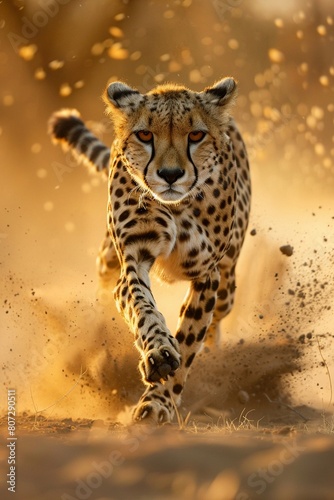 A fleet-footed cheetah sprinting across the golden savannah