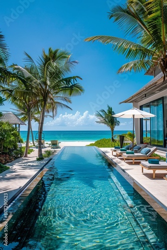 A luxurious poolside scene with tropical beach views wide-angle