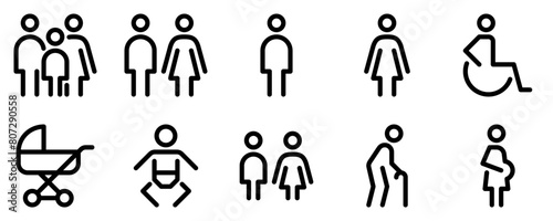 People line icon set. Family, couple, man, woman, wheelchair, stroller, baby, children, elderly person, pregnant outline signs. Editable stroke. Vector graphics photo
