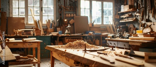 A woodworking workshop with handcrafted furniture in progress wood shavings