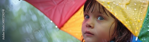 Child under colorful umbrella raindrop reflections