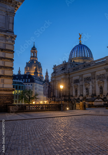 Evening landscape and view of the church and architecture in the city of Dresden. Frauenkirche in Dresden,Germany.
