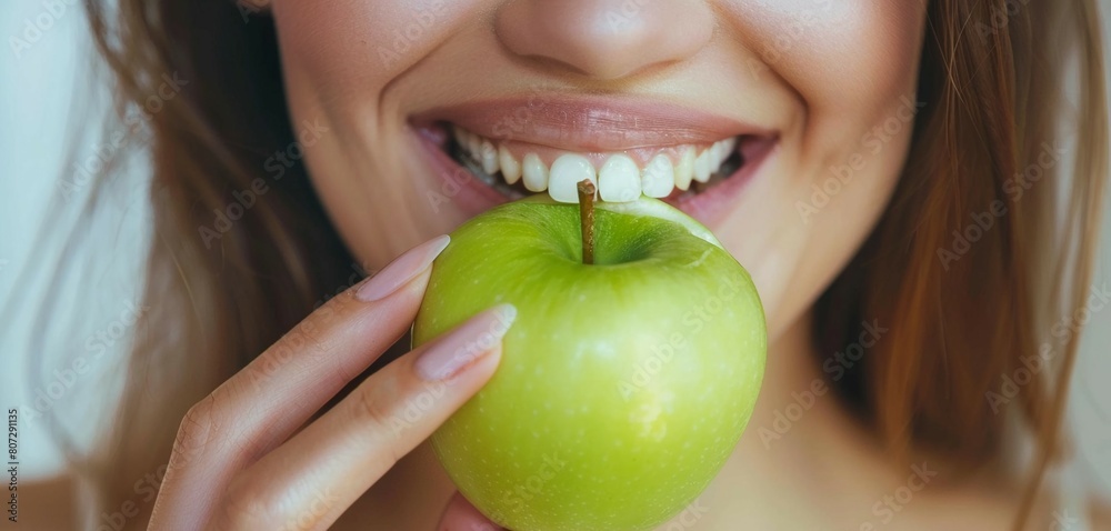 Radiant young woman biting a green apple, bright smile, clear skin. Close-up, fresh and healthy lifestyle theme. Radiant young woman biting a green apple, bright smile, clear skin. Close-up, fresh and healthy lifestyle theme.