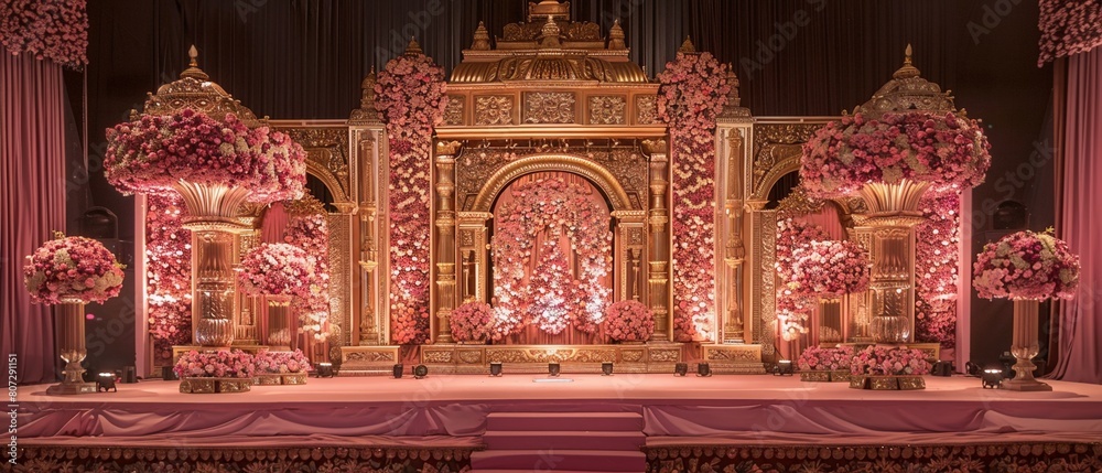 Regal Indian wedding stage with opulent pink floral decorations intricate gold accents