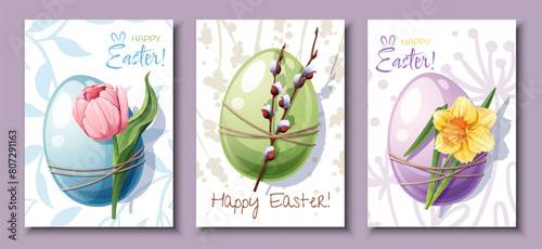 Set of Easter card with an egg and a pussy willow, daffodil and tulip. Banner, poster for the spring holiday. Happy Easter.