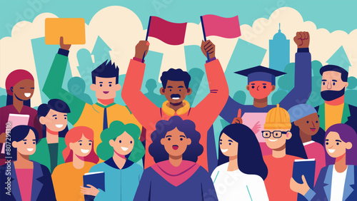 The rally is a diverse and inclusive space with people of all backgrounds coming together in solidarity for the common goal of student debt. Vector illustration