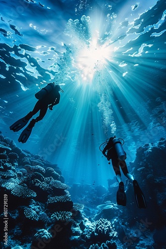 Two scuba divers exploring the tranquil underwater world near a coral reef. Wide shot