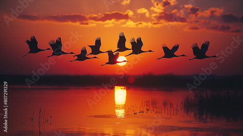 key of cranes flying over the lake against the background of the setting sun photo