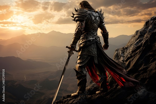 Knight with sword and armor on the top of the mountain at sunset