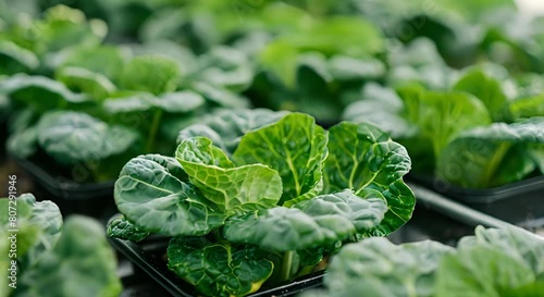 Hydroponic collards grown in a lab using genetic engineering for new traits. Concept Hydroponic Gardening, Genetic Engineering, Collard Greens, Sustainable Agriculture photo