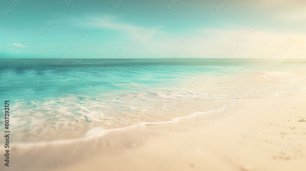 Blurry tropical beach with bokeh, sun light, waves, abstract background, copy and text space, 16:9