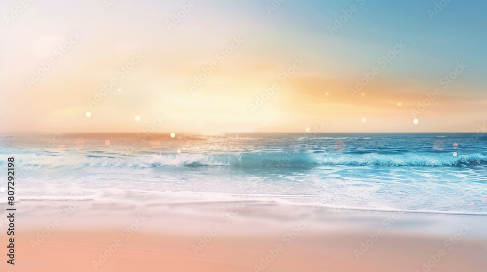Blurry tropical beach with bokeh, sun light, waves, abstract background, copy and text space, 16:9