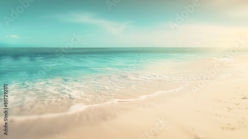Blurry tropical beach with bokeh  sun light  waves  abstract background  copy and text space  16 9