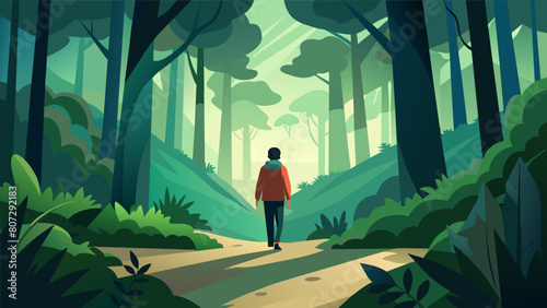 A person wandering through a dense forest enjoying the peacefulness and solitude of nature.. Vector illustration photo